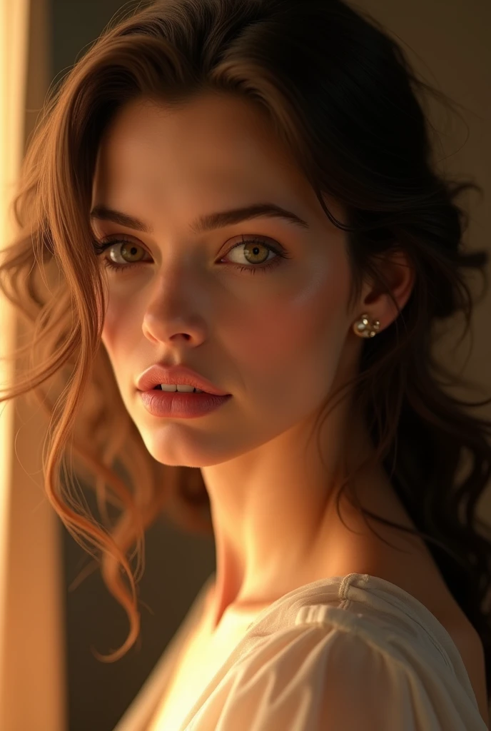 a beautiful detailed portrait of Anne Hathaway, realistic, photorealistic, high quality, 8k, intricate details, delicate features, piercing eyes, defined jawline, lush hair, elegant expression, soft lighting, warm color palette, cinematic composition, masterpiece