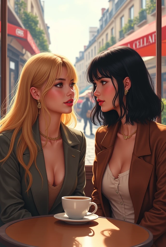 Rosé and Lisa from blackpink sharing a nice coffee in Paris as best friends, Rosé has blonde, slightly wavy hair and Lisa has black hair that is practically not wavy, a bob cut with bangs., elles sont coréennes, Rosé a des vetements Yves Saint Laurant et Lisa de Celine, They are rich but modest