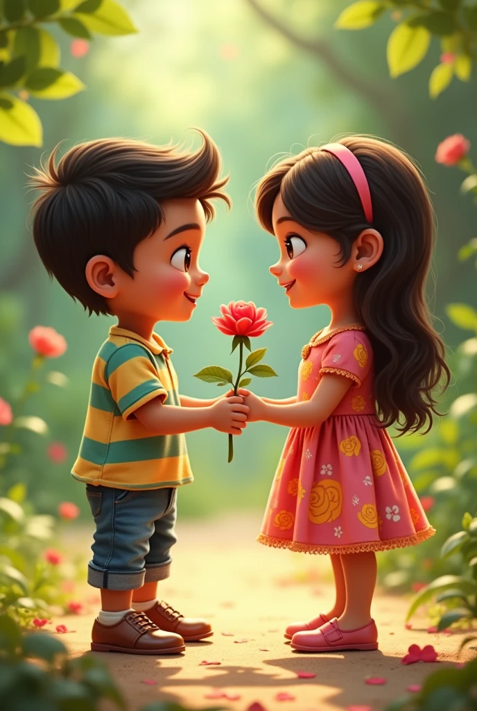 A subham name print dress boy give a rose to Karisma name print dress girl