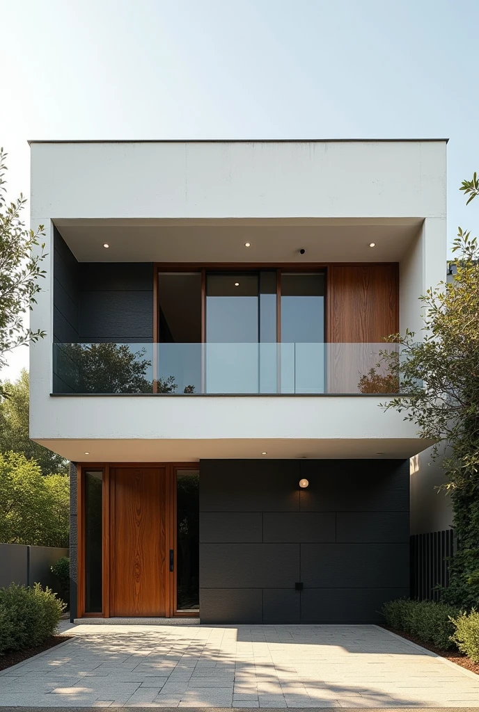 Parameric facade architecture , main material by glossy white wall and black stone and wood, RAW photo, real, best quality, masterpiece:1.2), (hyper realistic, photo-realistic:1.2), high quality, day lighht, hight contrast :0.5 perfect lighting, archdaily, award winning