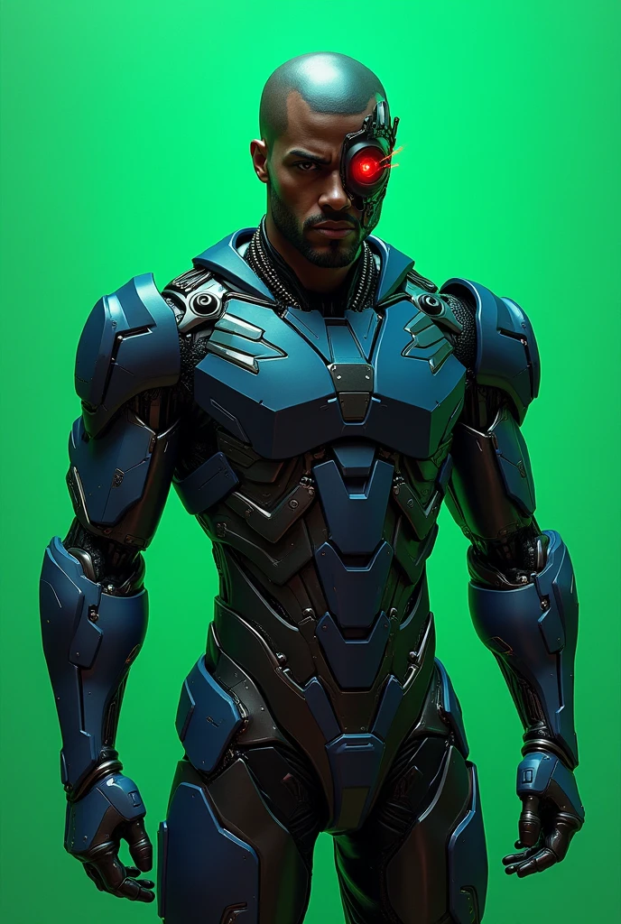 Create a marvel cyborg image(black male, red cyborg left eye, right side of the head metallic part cyborg black blue and silver metallic armor), put up a completely green wall