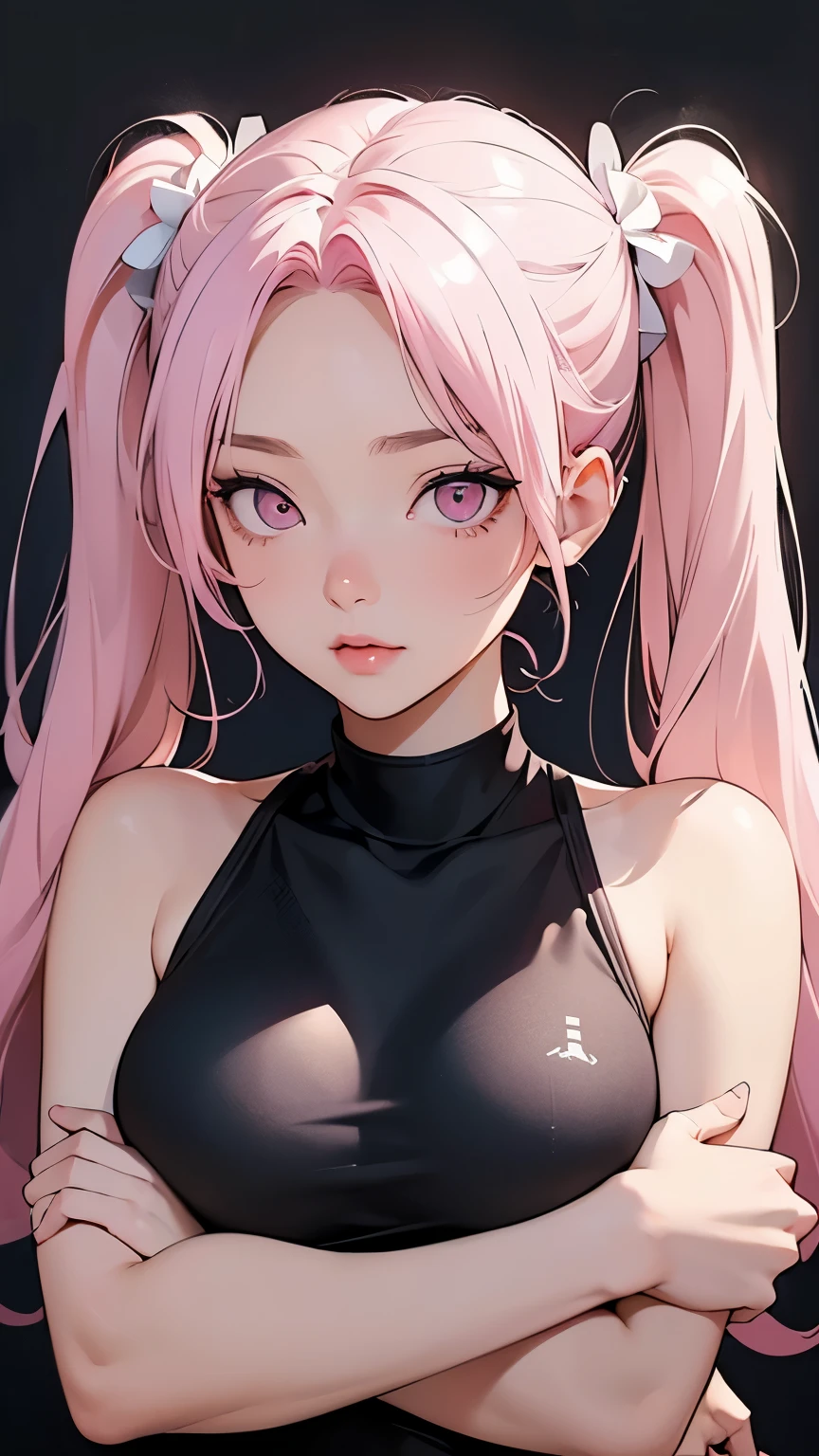 (Highest quality,High resolution,Ultra-detailed,girl),Pink Hair,Height: 160cm,cute,Pink Eyes,Twin tails,Big Breasts,She is wearing a black swimsuit,Her eyes are white and shining,Has bright white eyes,I&#39;m looking at this,Has an embarrassed face，