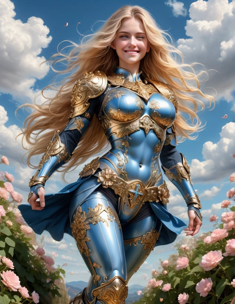 (8k, raw photo, Best Quality, maestro:1.2), (realist, fotorrealist:1.37), ultra detailed, 1 girl, beautiful, alone, Beautiful detailed blue sky with fluffy clouds, (blush), (whole body: 1.1), (smile: 1.1), (shut up), big breasts, Hermoso and delicate blue eyes, (Blue plate armor with intricate engravings of leaves and flowers : 1.1), Golden metal pieces covering her shoulders and arms, Gold metal belt with buckles, hems de metal, carvings, A cross adorns his chest, (long blonde hair: 1.2), flowing hair, high contrast, Proporciones de whole body, (astride, stretch the legs, thin legs), Chest closeup.