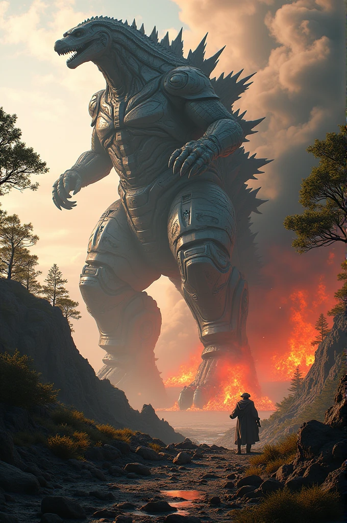 Mechgodzilla fight with tree background is volcano fire 