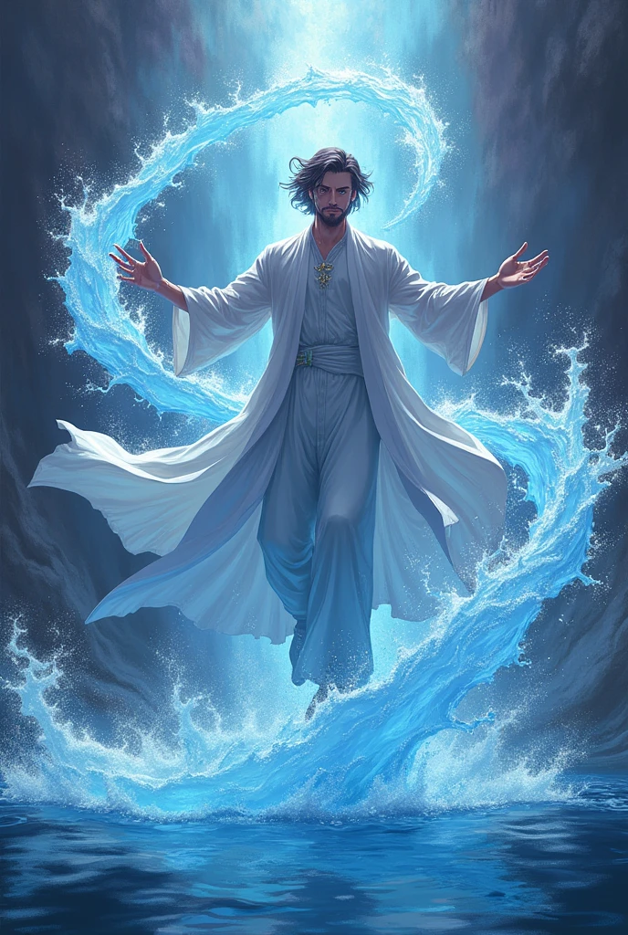 man controlling water with his powers at will, floating, powerful, blue and purple background, wearing white coat, Mysterious look, anime, complicated pose


