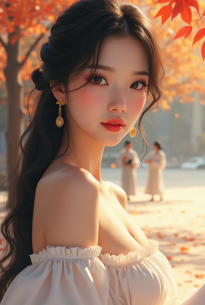 High resolution, Real portraits of ladies on the campus of China Vocational University with perfect skin,The breath of life should emphasize her sitting and standing postures,Autumnal,Wear a long white dress,,Beautiful woman sitting on the beach,Medium-sized half-body,long black hair,Look confident and cute, Yearning and pursuit of beauty,Surrounded by the breath of the sky, Vibrant, naturally lit highlights. The artwork should emphasize her elegant facial features, including charming long eyes, fluttering eyelashes and seductive lips. 場景應增強major性和視覺吸引力的元素,For example, beach,seaside,mainframe computer, High resolutionolution display, Highlight your beauty, The overall tone should be warm、major, The sun shines on the beautiful body,soft sunshine,Has a soft and natural color palette. 藝術品應該散發出major感, success, and cultural pride,Highlight two or three background characters,
