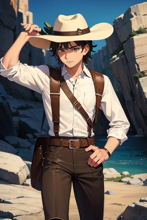 Male teen cowboy with hat and boots in a rock valley.