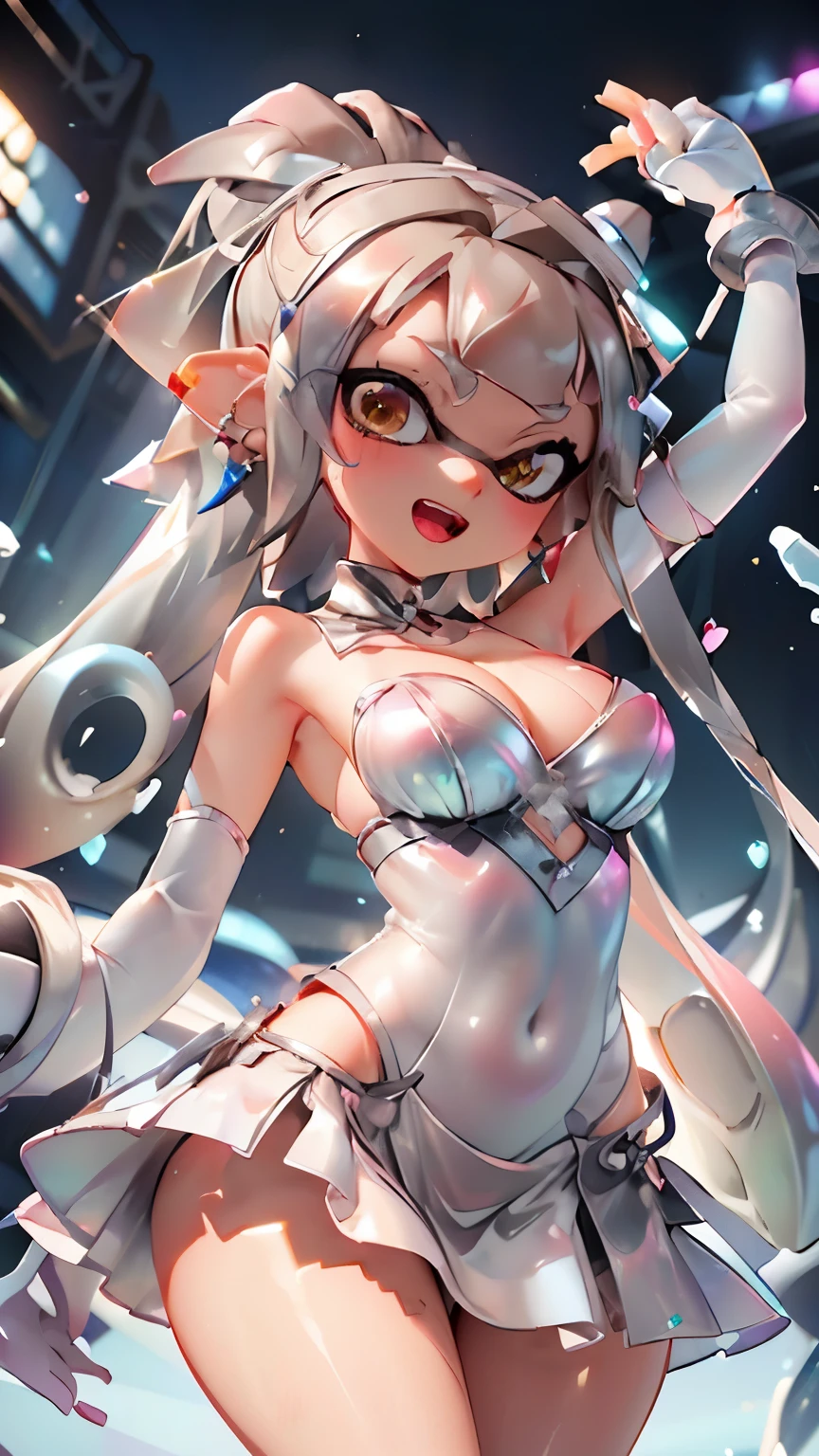 ((Highest quality)), ((masterpiece)), (detailed), Perfect Face, ((Highest quality, 8k, masterpiece: 1.3)), Real Anime、3d、splatoon girl、Sharp focus Beautiful woman with perfect body, Slim abdomen, Highly detailed face and skin texture, detailedな目、Golden Eyes, Open Mouth Smile, blush、Multicolored tentacle hairs、 ponytail、Big heart earrings, ((Silvery white tube top、Silvery white micro mini skirt))、Huge breasts、Cleavage、FI is changing direction, Sunburned skin, Brown Skin、Intercom microphone、fingerless silver gloves、Dance Vocal Idol、On stage at the festival、Rainbow colors、latexsuit