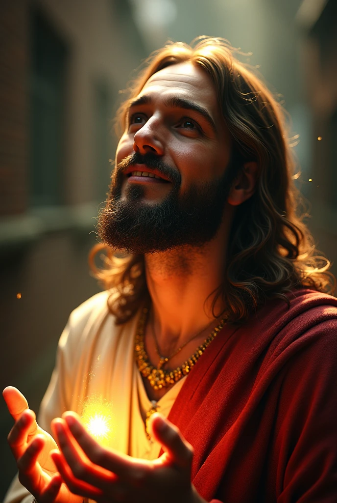 Jesus Christ, kharisma, hood, shining, smile, blessing, look at me, side light, jews, 30 years old
