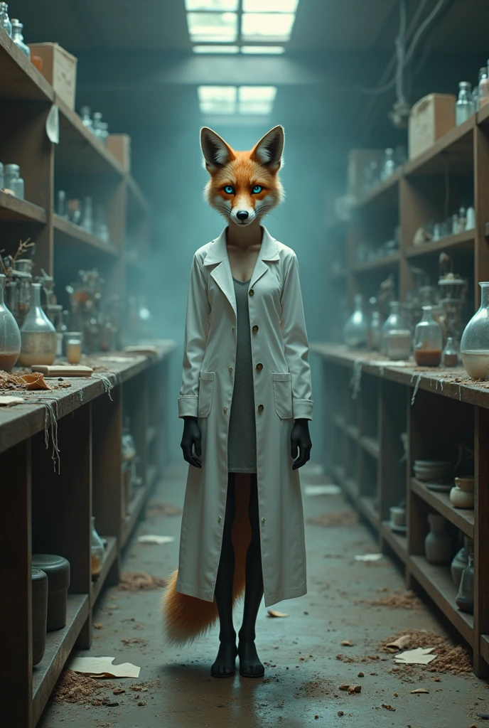Anthropomorphic fox, blue eyes, female, scientist coat, neutral expression, abandoned lab,