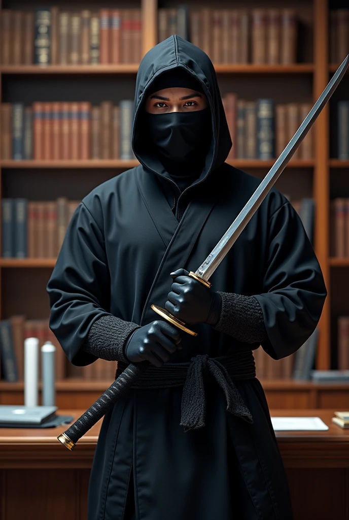 I would like a ninja profile for Instagram. The image should mix ninja with economics, the page will have news and economic analysis as its theme. The ninja should be in a nice office, in front of a bookshelf