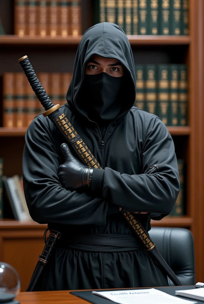 

I would like a ninja profile for Instagram. The image should mix ninja with economics, the page will have news and economic analysis as its theme. The ninja should be in a nice office, in front of a bookshelf