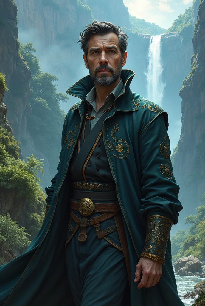 middle-30 years old man, dark-haired, gray eyes, goatee beard, fantasy scientist, high fantasy, by Greg Rutkowski, by Peter Jackson