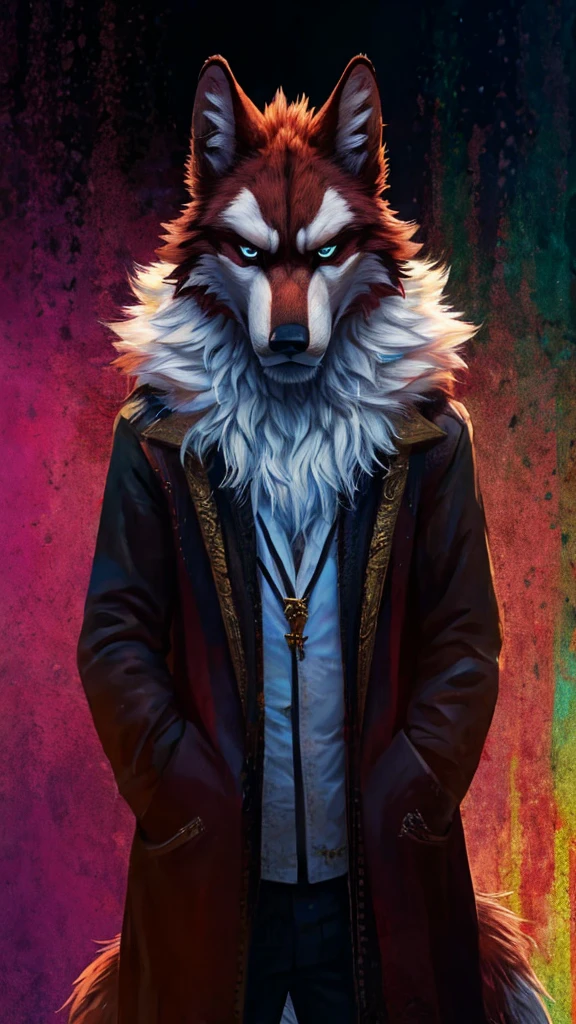 correctly eyes, clotheless, crazywolf with white chest fur, detailed fur, looks disturbed, focused eyes, disturbed face, 1guy, male, fluffy fur, best quality, mad pose, masterpiece, detailed, highres, top quality, best quality, psychodelic hallocinogenic colorful multicolored background, 1tail,
