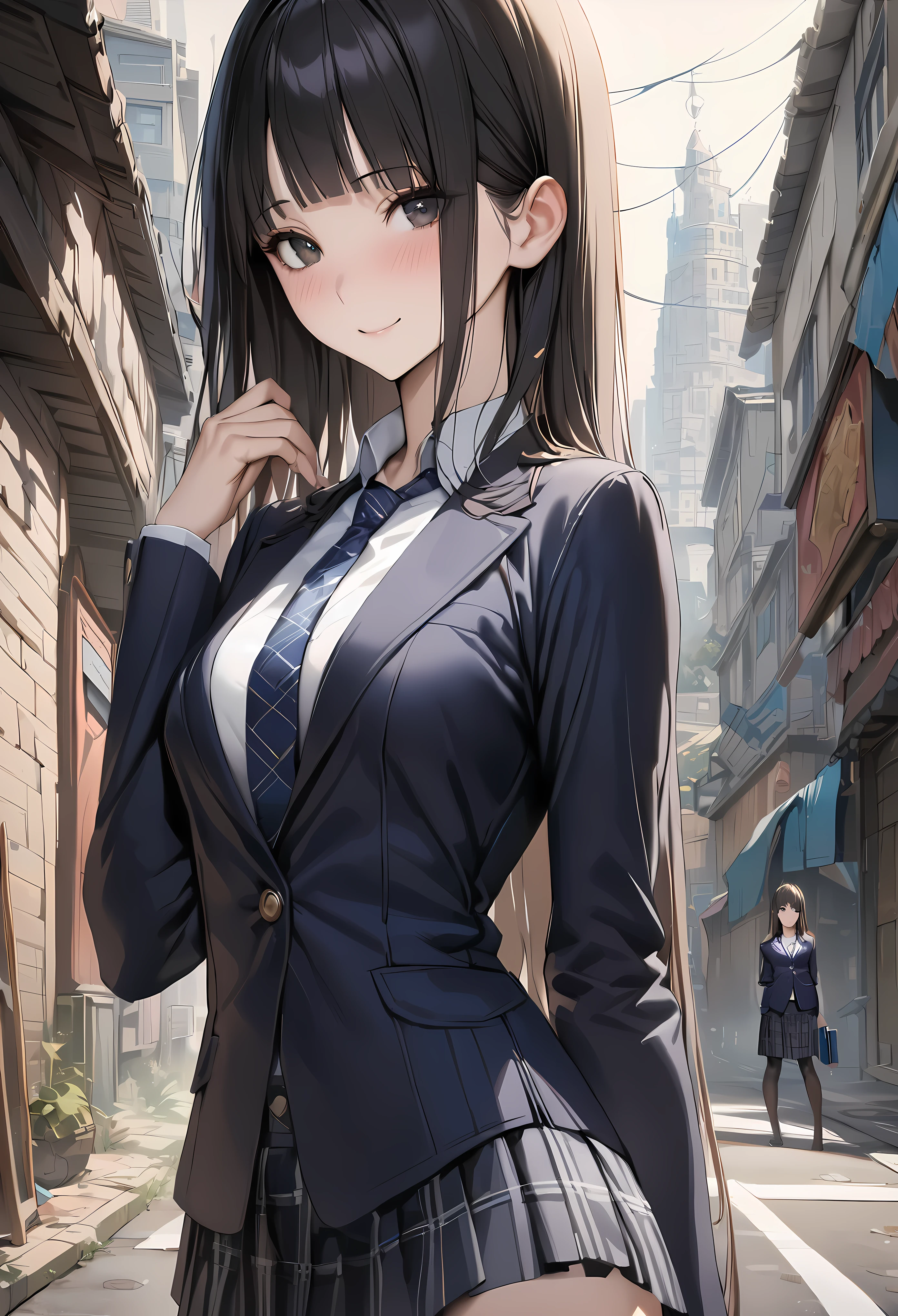 Fantasy art、((masterpiece,best quality anime,Highest quality:1.3)),realistic,portrait,1woman,(Mature Beauty),((very small head:1.4)),((very long body:1.3)),long hair,black hair,bangs,(gorgeous big eyes),black eyes,smile,(School uniform、Dark blue blazer jacket、Navy blue tie、Dark blue plaid mini skirt),white collared shirt,((slender body:1.3,skinny:1.2)),medium breasts,standing,on road,Magic City、High-rise buildings、A world of magic and fantasy,
