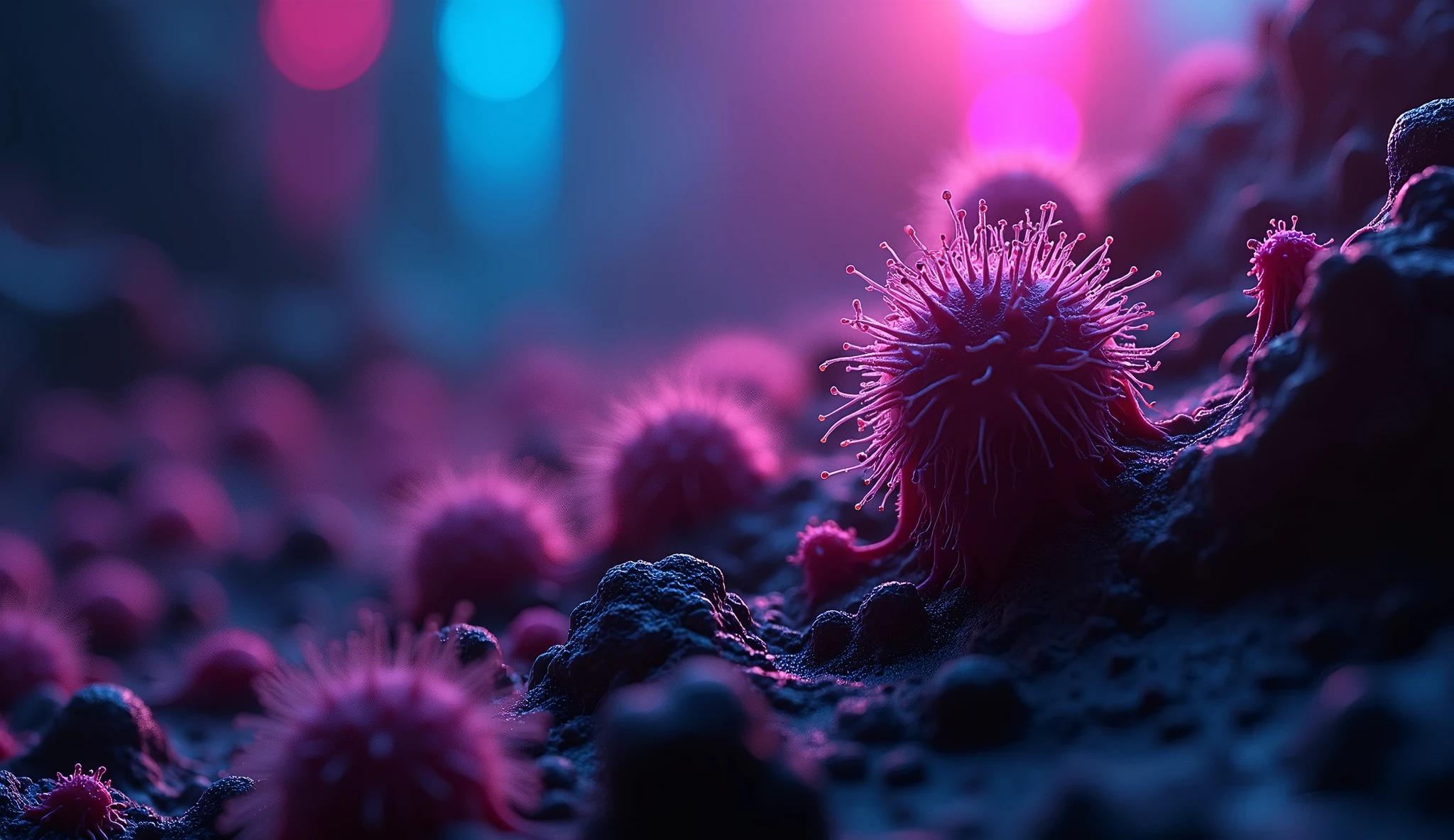 Complicated bacteria mutated life, backlit by led in dark scene, dramatic, bokeh f2.8
