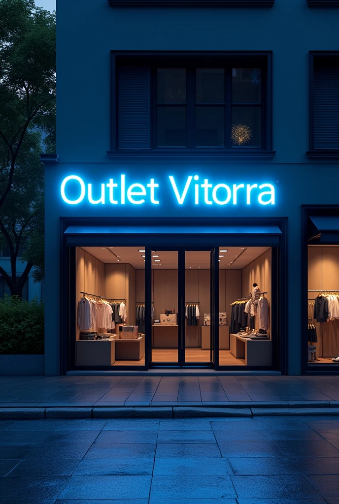 I want a high quality realistic Full 4k 3d image of my store and the written panel "Outlet Vitorra". It&#39;s night time and the name is in neon in front of the building with black glass windows., but it must be very beautiful and leave an air of confidence and credibility as if this place really existed. Set the sign color to blue. Make it less AI-like. More like the real world 