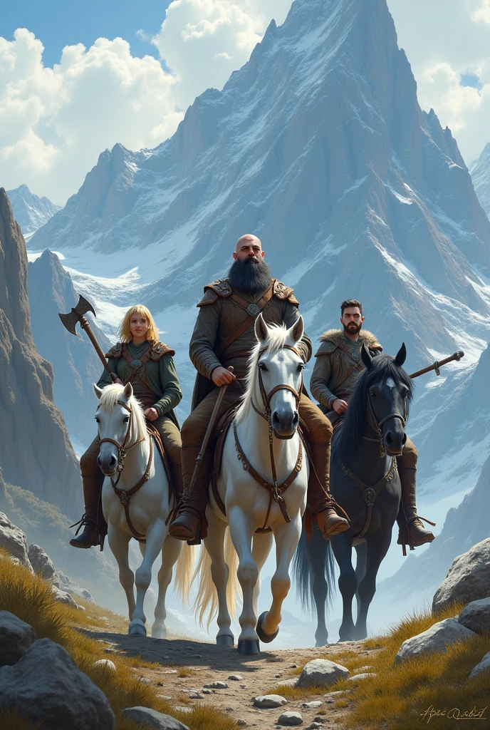 In a mountainous landscape, An elf, bionde, 20 ans, geek, cheveux courts, on a white horse. A dwarf with a big beard with a black horse and an axe. A gray magician with a staff on a gray horse