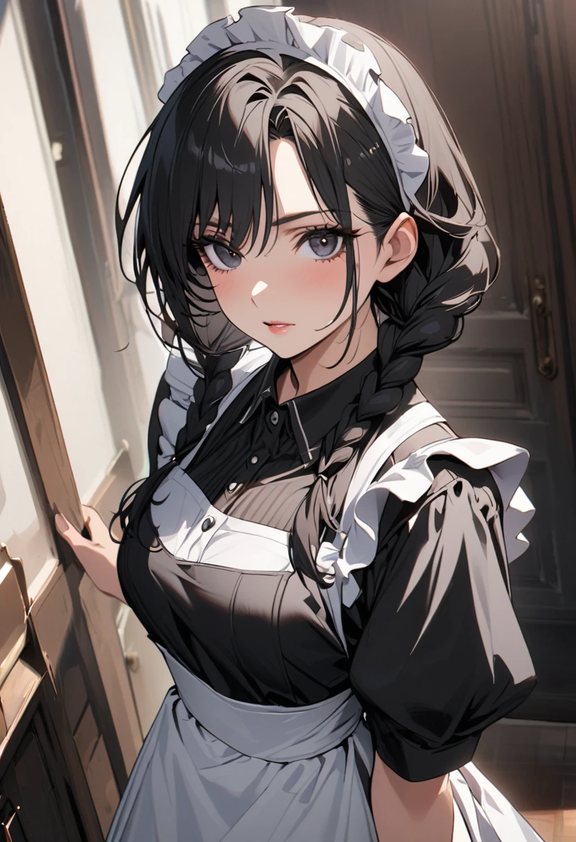 girl, mature, black hair, black eyes, beautiful, beautiful eyes, beautiful color, high detail, low double plait hair, maid, cool
