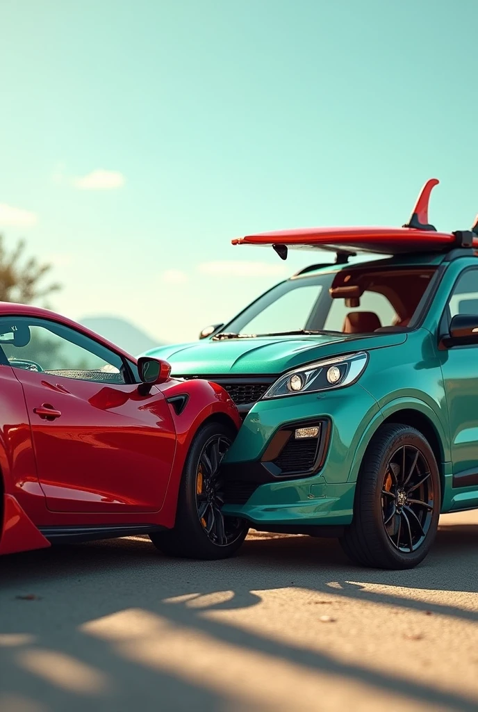 (photorealism:1.2), A red car with a surfboard on top collides with the rear of a teal SUV in a light, clear setting.