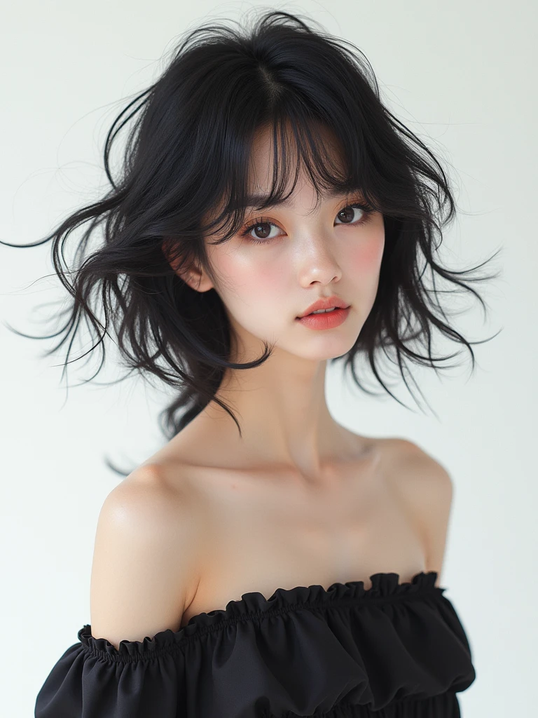 real photograph, (masterpiece), (highest quality), (Super detailed), (messy hair), (shape), (directly opposite , one japanese girl), (fashionable off shoulder dress), Are standing, Fashion Model, (interview), (simple white background), fine and beautiful eyes, delicate beautiful face, floating, (high color saturation), focus on face, black hair, all back hair, floating Hairs, (shining), best writing, best shadow,stylish living room