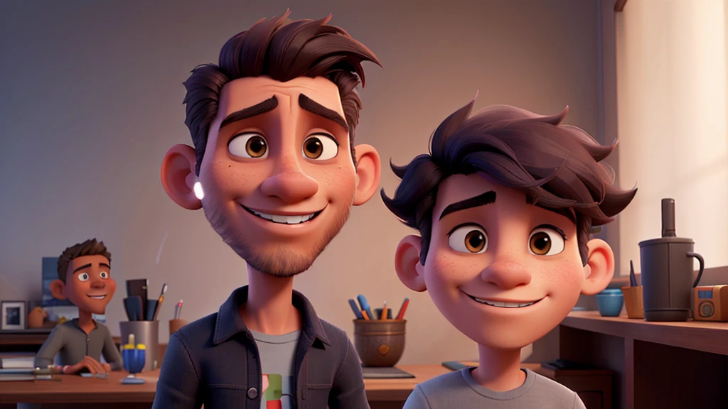a man with dark skin, plumpness, blackquality hair, curlies, beard with gray hairs, playing video game, with a smile of excitement