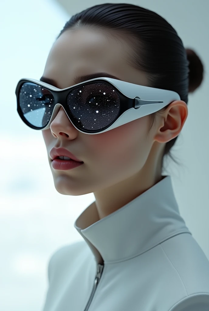 The model is wearing glass sunglasses with stars