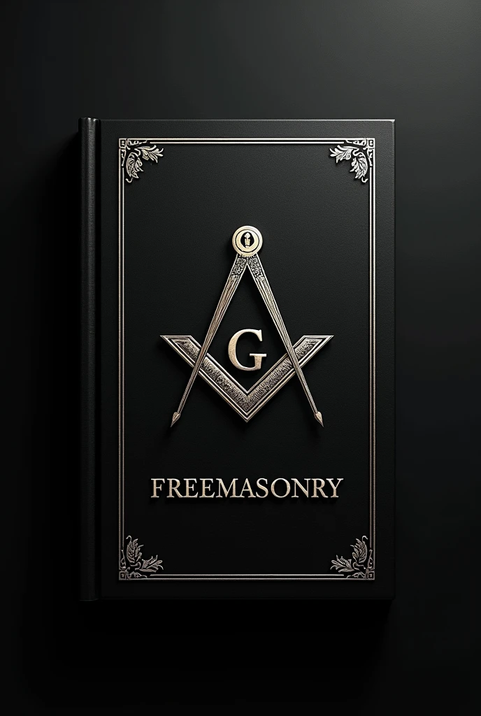Black book cover with the words Freemasonry written on it with a square and compass in the center