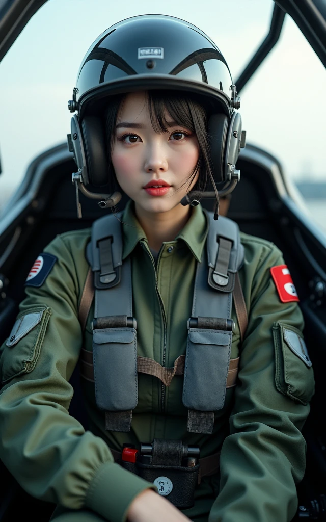 Ultra-high resolution,High-resolution details,Photo real, , (1 Korean female pilot,Super beautiful,Super white skin,Super white face), (Wearing pilot camouflage uniform,Wearing a pilot helmet), Military fighter,Female fighter pilot,Sitting in the cockpit of an airplane,Holding the aircraft override handle ready to take off,(Showing the appearance of a fighter jet)