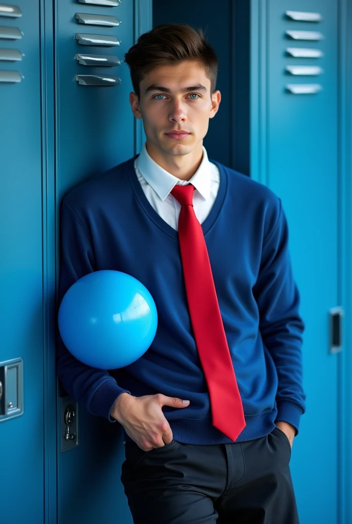 , zoomed out image, I want a young man of 1, beautiful, with dark brown hair and blue eyes, Without beard, clean face, fit, dressed in his school uniform, in a white shirt with a blue sweatshirt, corbata roja con white, leaning on a school locker, blue colour ball, white, negro, red