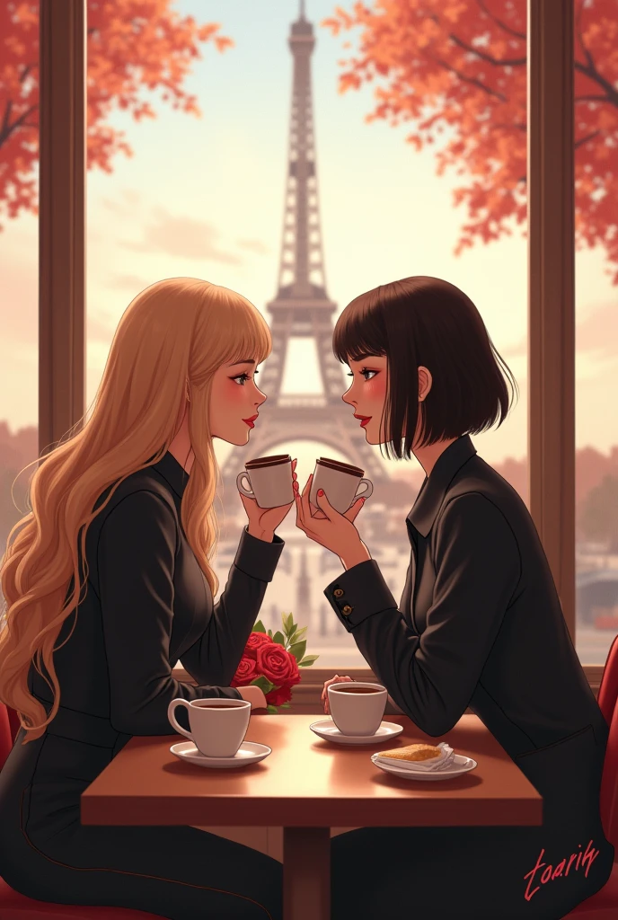Rosé and Lisa from blackpink sharing a nice coffee in Paris as best friends, Rosé has blonde, slightly wavy hair and Lisa has black hair that is practically not wavy, a bob cut with bangs., elles sont coréennes, Rosé a des vetements Yves Saint Laurant et Lisa de Celine, They are rich but modest, elles sont fines et nont pas beaucoup de formes
