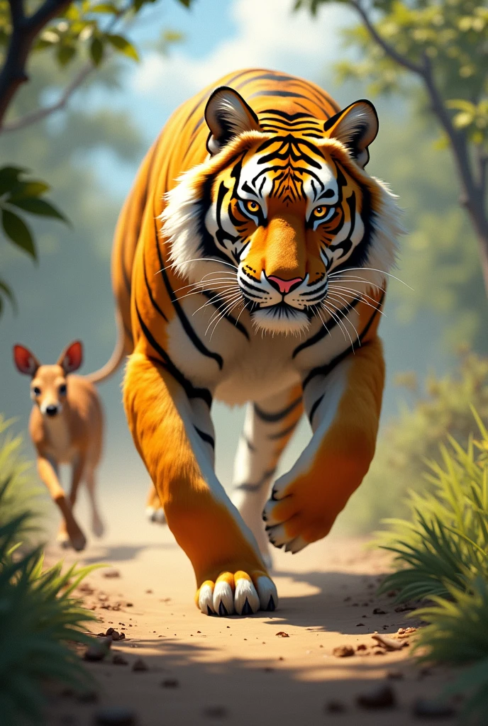 Create an image of a confident Golden Tiger nodding. The contest begins, and as soon as they both counted to "not", Golden Tiger rushed forward., leave the little deer behind. Little Deer tried his best, But its short little legs couldn't catch up with the Golden Tiger..