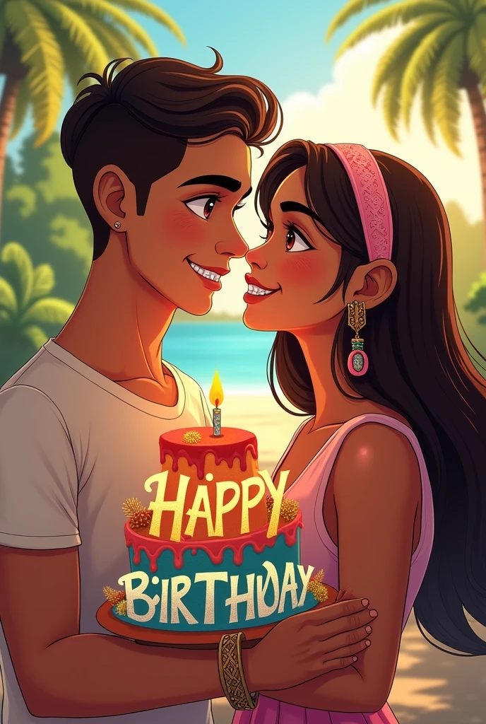 A young man with light brown skin and dark reddish brown eyes , a little muscular and short hair happy called Juan Esteban Gutiérrez Ortiz because in front of him is his friend Danna with dark skin, dark brown eyes and very long hair down to her tail (women) young man holding a sign that says "Happy birthday Juan Esteban ♡" that they look at each other's faces with joy and in the background there is a landscape that represents that joy and that they have a nice matching outfit , but they look younger and the boy is like flirtatious and with hair a little shorter And the young girl looks a little younger with a submissive face, Well, they are looking slightly at the camera here in front. , This image is perfect, I need the poster to be more colorful and happy and what it says "Happy birthday Juan Esteban" This one with degraded and very epic letter and that they look towards my first perspective, The young Juan boy is slightly muscular and with the hair on top a little shorter, They both look around , Perfect, I need the young man's hair to be shorter on the top of the man's head. I need them to be a little younger, about ., but they are holding the epic poster , I need the young man's hair to be a little shorter on the top of his head please I need this professionally , that they look over here at the camera and that the girl has self-ligating braces. I need the young girl to have braces and a balaca. I need them both to have bracelets on their hands. , It's perfect but the young man needs to have a nose that is a little not so perfect and to look manly. I need him to have attractive features.