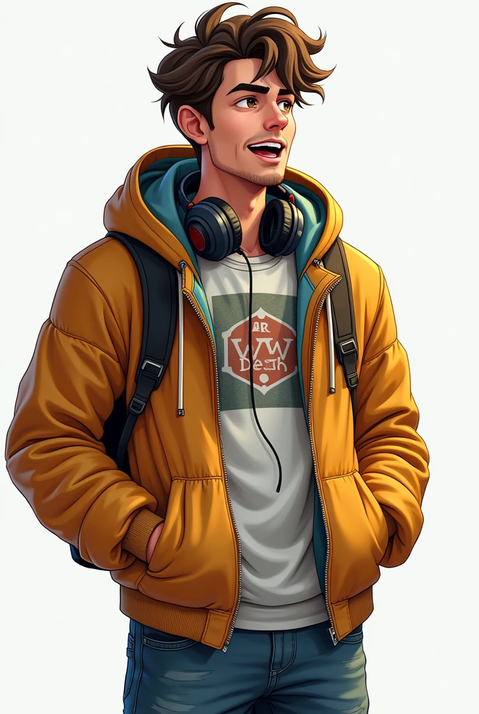 Appearance: He's a regular guy with a casual and approachable style. He wears simple, comfortable clothes like a favorite graphic tee and jeans, paired with a well-worn hoodie that’s perfect for long gaming sessions. His hair is slightly messy, a reflection of late nights spent deep in gameplay, and he often has a pair of gaming headphones around his neck, ready to dive into the next adventure. His eyes show a mix of focus and excitement, always keen on discovering what the next game has to offer. His expression is relaxed, with a hint of a smile that makes him seem easygoing and friendly.