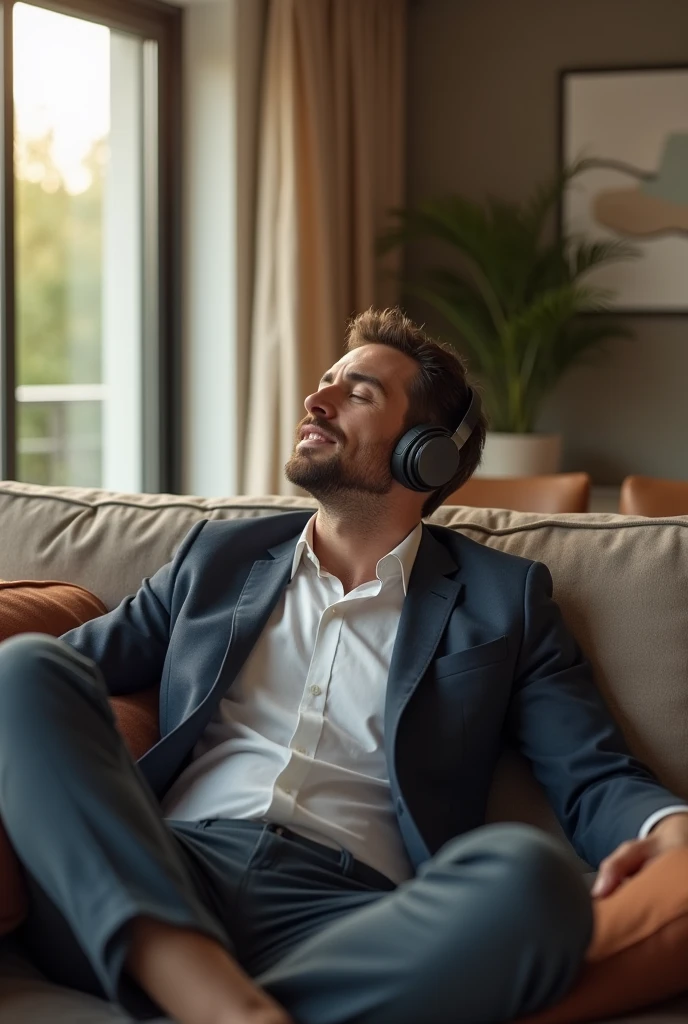 Man listening to music sitting on the sofa in the living room