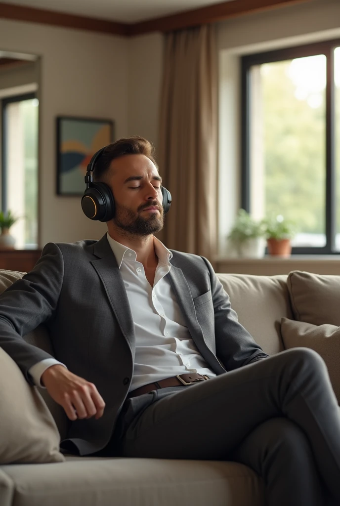 Man listening to music sitting on the sofa in the living room