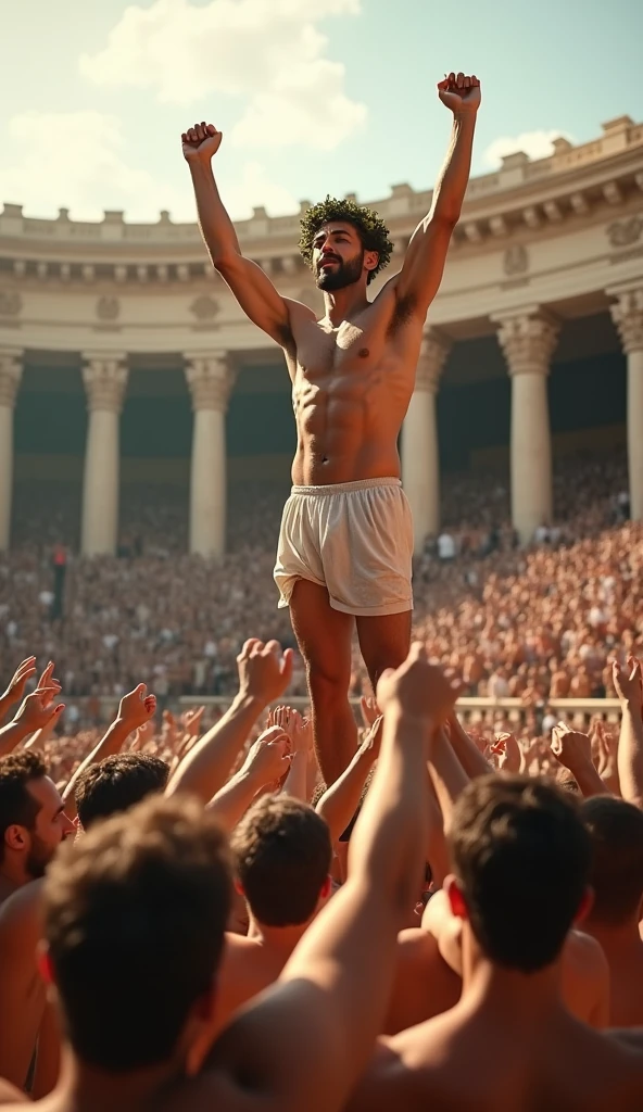 A wide shot of an athlete, victorious and adorned with a laurel wreath, his body still slick with oil, being lifted by a cheering crowd in an ancient Greek amphitheater.