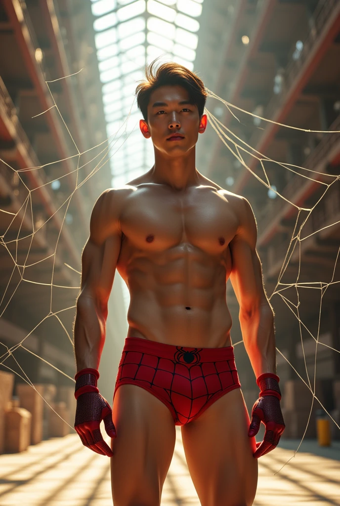 In the captivating picture is a handsome Korean man 3 with his light, white skin like a hero, the background in a large and bold warehouse, his charm radiates as he proudly shows off his sixpack and muscular arms in a full standing pose. He is wearing sexy spider-print underwear and also uses spiderman gloves and socks, which highlight his body shape, He stands in the middle of a giant spider web of his own making, surrounded by a large spider web behind him, Bathed in the golden light of a beautiful day. With unmatched attention to detail., This photorealistic portrait combines Superhero style., Capture every detail of his textured skin in 8k resolution. Leica digital SLR camera. His features are clearly visible., From his deep-set eagle-like eyes to his chiseled jawline., Make this image a true masterpiece.. Lift. (8K UHD、RAW Photography、Leica Digital SLR Photorealistic Portrait、Realistic image), big bulge