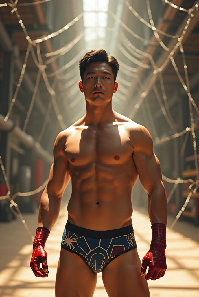 In the captivating picture is a handsome Korean man 3 with his light, white skin like a hero, the background in a large and bold warehouse, his charm radiates as he proudly shows off his sixpack and muscular arms in a full standing pose. He is wearing sexy spider-print underwear and also uses spiderman gloves and socks, which highlight his body shape, He stands in the middle of a giant spider web of his own making, surrounded by a large spider web behind him, Bathed in the golden light of a beautiful day. With unmatched attention to detail., This photorealistic portrait combines Superhero style., Capture every detail of his textured skin in 8k resolution. Leica digital SLR camera. His features are clearly visible., From his deep-set eagle-like eyes to his chiseled jawline., Make this image a true masterpiece.. Lift. (8K UHD、RAW Photography、Leica Digital SLR Photorealistic Portrait、Realistic image), big bulge