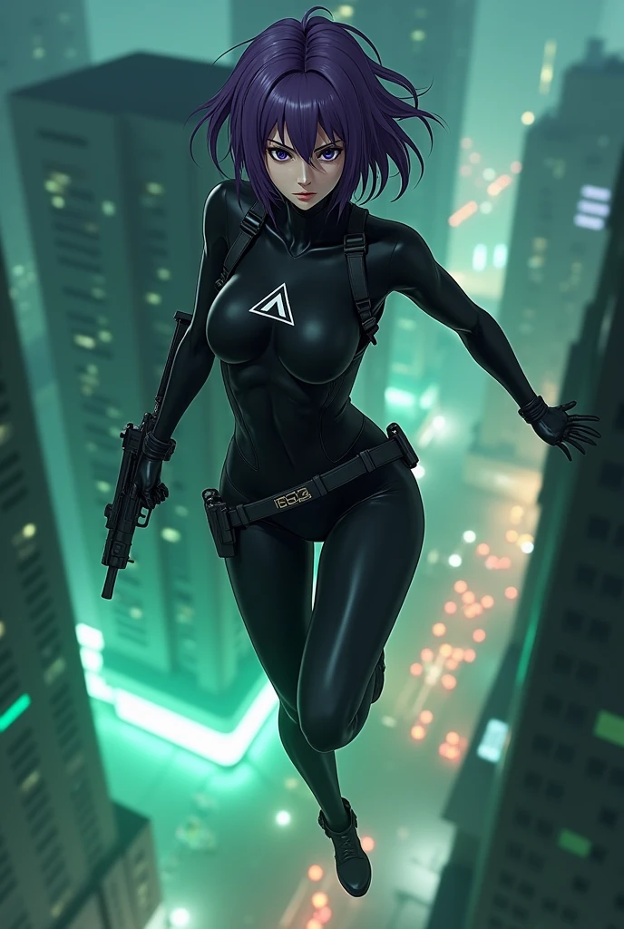 ((Ghost in the Shell Sac_Motoko Kusanagi from 2045,Ultra-high-definition Real 3D cG graphics of Kusanagi Motoko from the anime 攻殻機動隊、Motoko Kusanagi)))Purple Hair, Purple Eyes,Beautifully detailed eyes and mouth, Breathtakingly detailed and realistic skin,Beautiful hair texture and shine,Ghost in the Shell Sac_2045のMotoko Kusanagiのリアルな質感と細部へのこだわり,衣装はGhost in the Shell Sac_2045のMotoko Kusanagiの服を着ている(((She jumps off the roof of a building:1.2), (Futuristic night cityscape background) ,With her back to the building, she smiles provocatively.))).Holding a machine gun in his right hand,Machine gun sling belt on shoulder,Black Cybersuit(White double triangle mark on chest)is about to be enveloped in a transparent optical camouflage,No jacket(Optical camouflage expressed with holographic effects:1.5).Jumping vertically from the roof of a building, feet together, helplessly facing the camera, Looking into the camera, Shooting from a top-down angle Shooting from the top of a building with the camera pointing straight down,She falls while staring at the camera on top of the building))The cityscape below is lit up in green neon.,)(((She looks like an adult,Has a toned physique, A body with beautiful curves, Narrow waist, Thick thighs and round ass)), Ultra-Realistic Images, Skin and hair details, Movie Scenes, Professional Saturation,息を呑むような3DcGグラフィック.(high quality, masterpiece, 最high quality, 4K.8k.:1.5). Super detailed, Ultra-fine painting, A photo that looks like a scene from a movie, Dramatic lighting, Sharp focus, Professional Photo Resolution, 3D Rendering, Awards,Ghost in the Shell S.a.c. 2nd GIG Episode 1 Homage scene