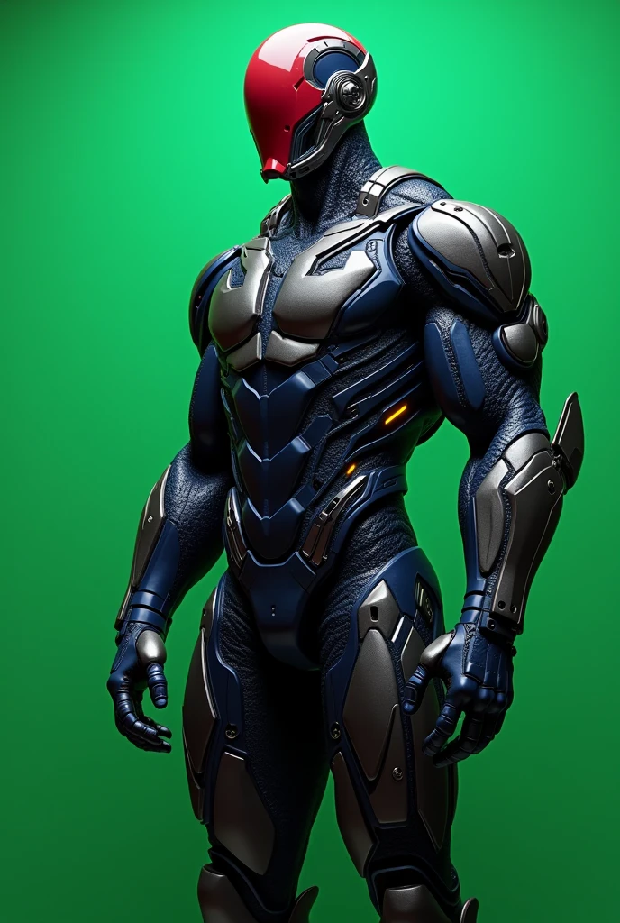 Create a marvel cyborg image(caracteristicas cyborg marvel, fully body, black male, red cyborg left eye, right side of the head metallic part cyborg black blue and silver metallic armor), put up a completely green wall