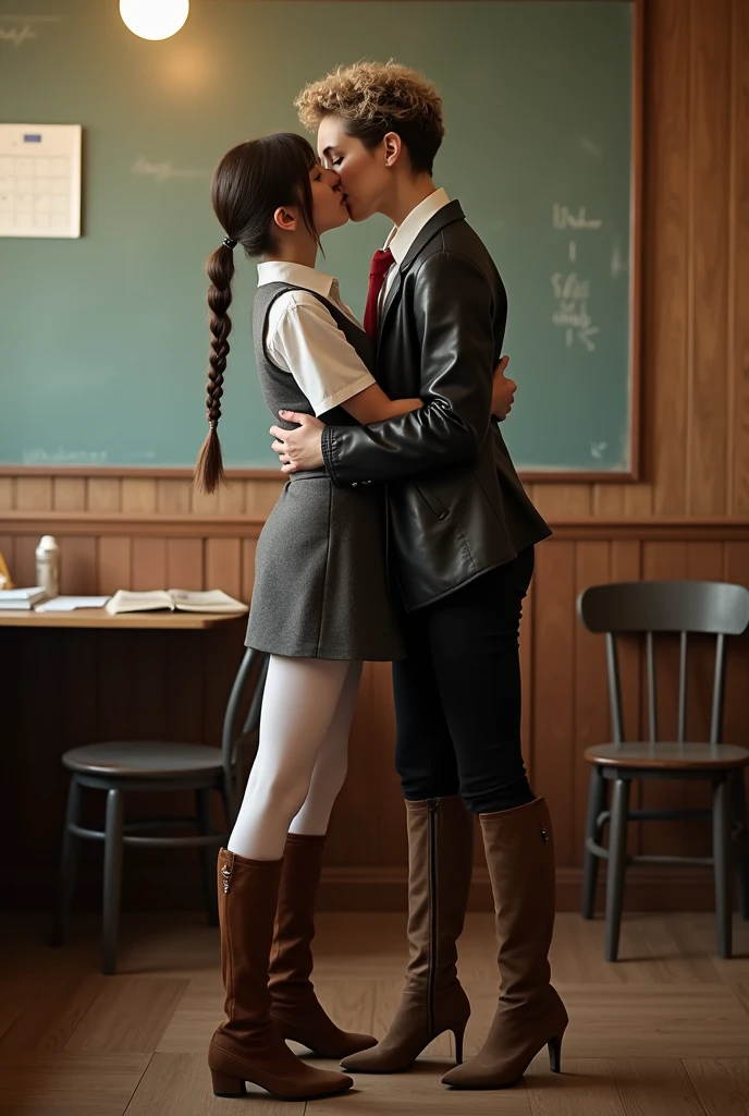 A girl with braid haircut wearing a school uniform, miniskirt, white pantyhose, over the knee suede flat boots kissing and embracing passionately a black middle aged female teacher with curly pixie haircut, wearing a leather jacket, white blouse, red tie, knee high suede stiletto boots, black leggins .Full body photo. Both kissing sensually and enjoying this cozy moment in classroom.