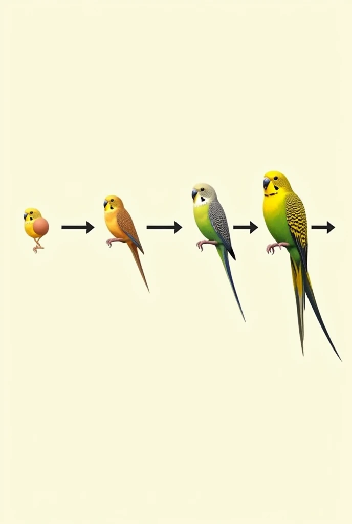 Create an image of the process of metamorphosis of the budgie with arrows from embryo to adulthood