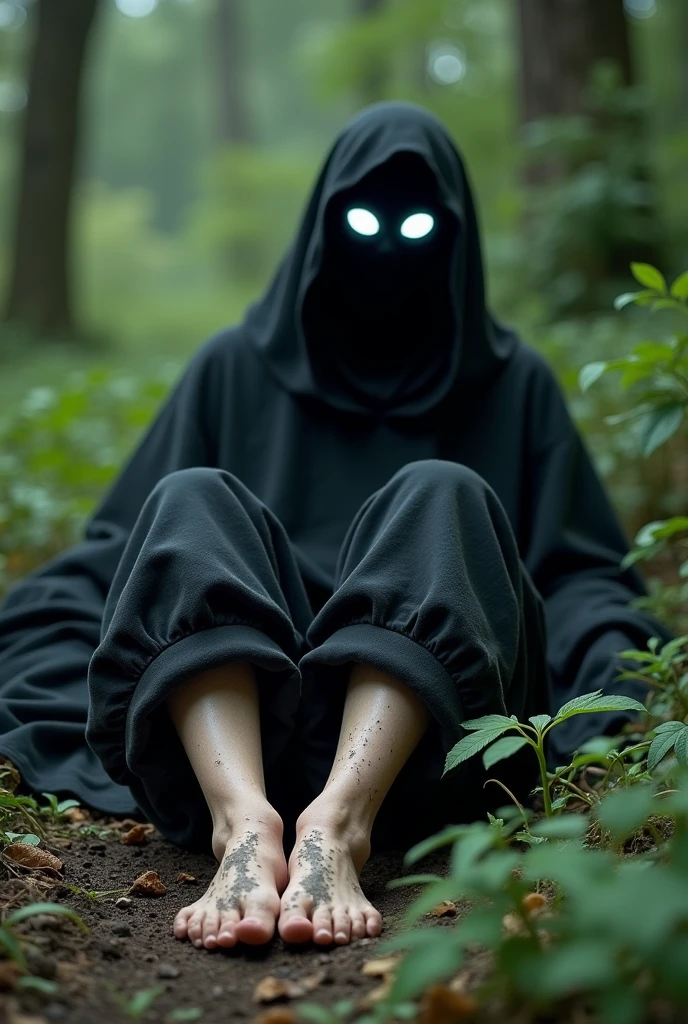 Create an image of a black hoodie ghost his eyes are glowing white with baggy black pants has his bare feet with soles facing the camera, covered in dirt, as if they have been walking barefoot. The ghost is lying on their back with legs slightly raised and crossed at the ankles. They are wearing black long pants. The background shows a lush green environment suggesting an outdoor setting with trees and foliage, possibly indicating a park or forest area.he puts his feet in your face