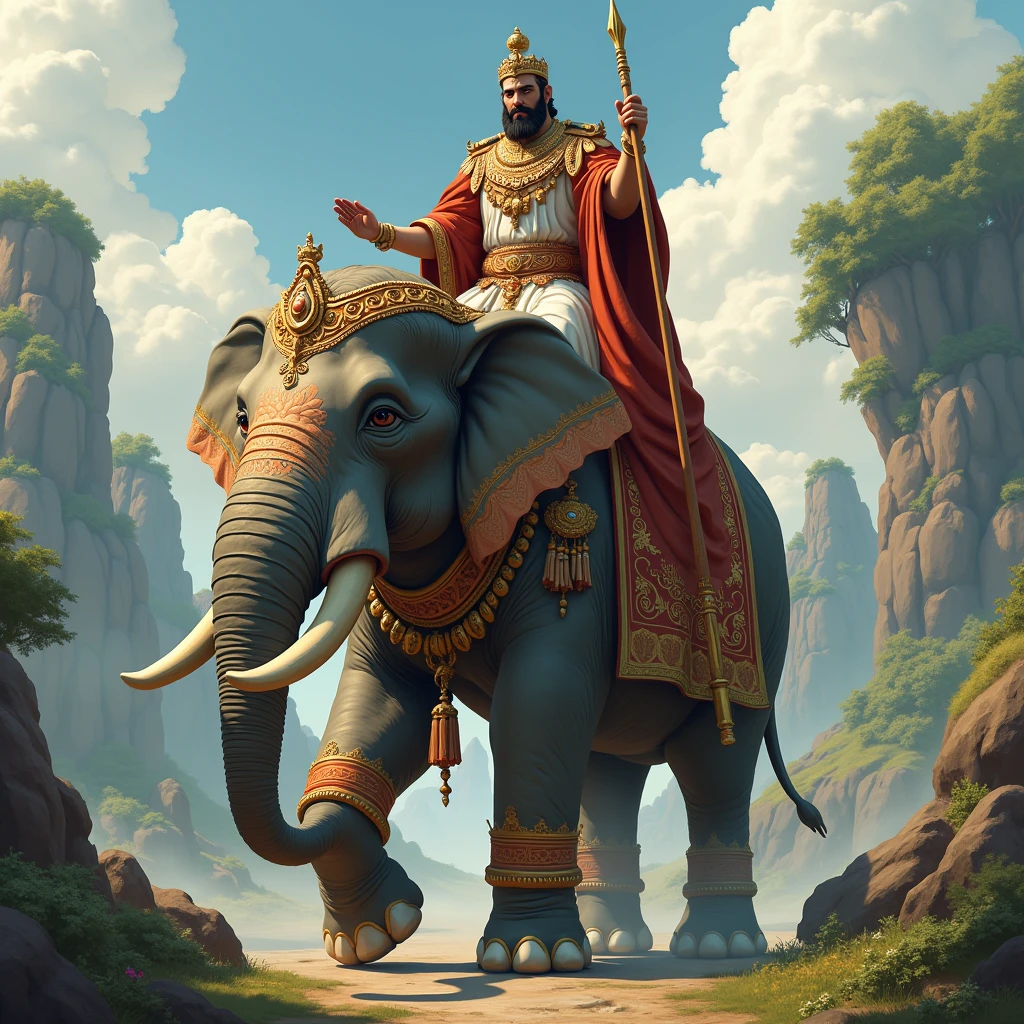 A majestic king riding on an elephant. The elephant was beautifully decorated. The king was carrying a spear in one hand. The elephant had two long tusks.
