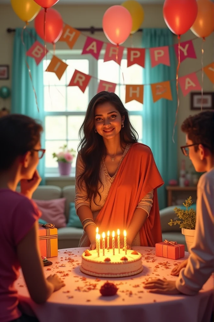 A festive birthday celebration scene for Sabita Neupane, featuring a beautifully decorated room with colourful balloons, a delicious birthday cake with candles, and a banner that reads 'Happy Birthday Sabita'. In the centre of the scene, there’s a table with presents wrapped in bright paper. The atmosphere is joyful and full of vibrant colours, creating a warm and cheerful birthday ambiance."@sabita_neupane
