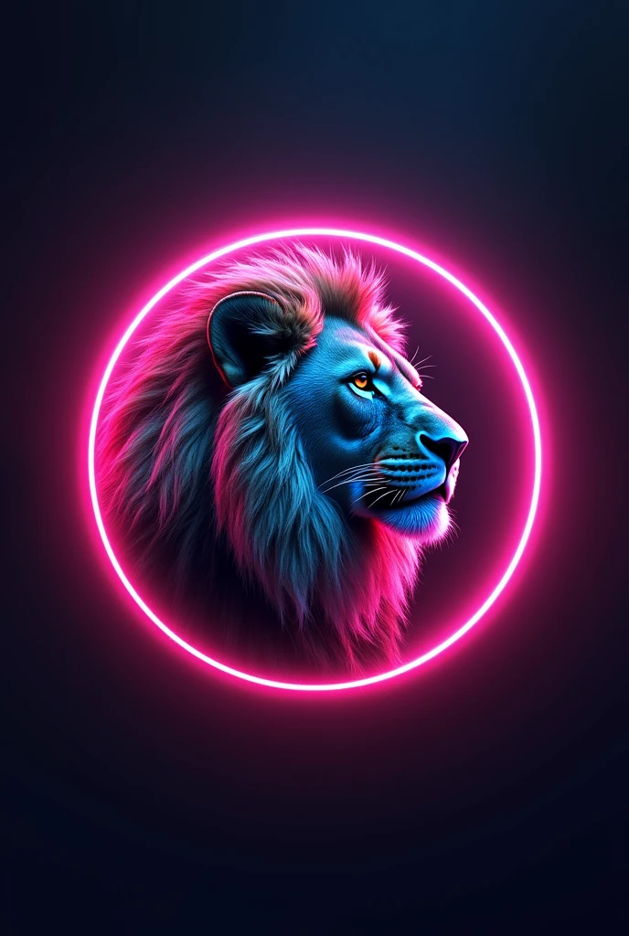 Realistic lion logo inside a neon circle