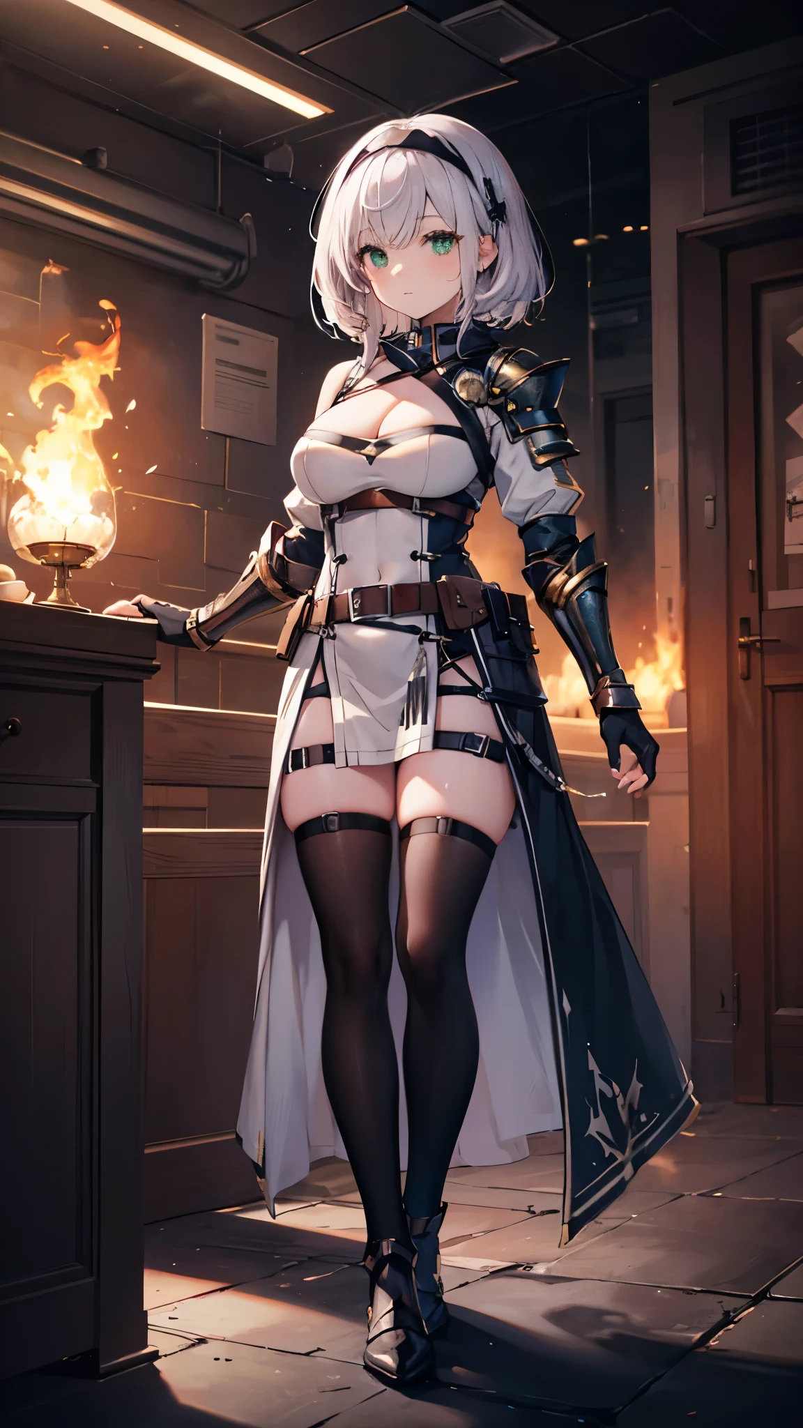 (Tabletop), (Perfect athletic body:1.2), Anime Style, whole body, Cyberpunk Girl,  Wearing a Cyber Costume, Black and Purple Flaming Fist, Burnt mechanical limbs, Standing in the Wilderness, Flame burning in the chest, White Background, whole body, aanoel, medium hair, green eyes, hairband, blue collar, shoulder armor, cleavage, mole on breast, armored dress, Chest belt, gold trim, fingerless gloves, black gloves, brown belt, pouch, pelvic curtain, black thighhighs