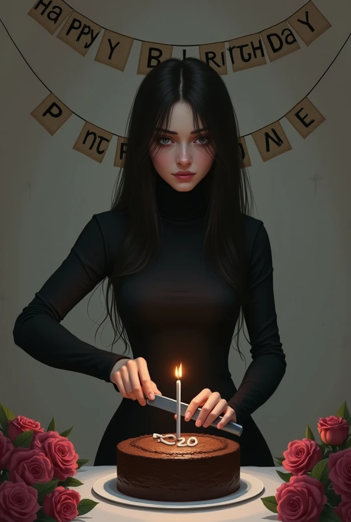 The beautiful women cut she's birthday chocolate cake alone ( use knife ) on the cake 20 latter number candle and she face full of sadness. and she's waring black frock with full sleeve and covered nack dress and long hair and his table with some rose and Happy Birthday To Me banner on she's back wall