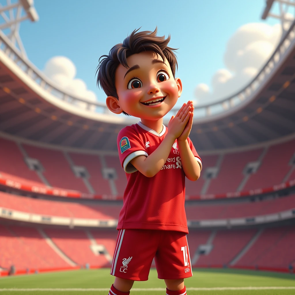Cute ??? smiles in Disney style, bows like a Thai and wears a Liverpool shirt. Standing in cartoon style. High quality dynamic photo, detailed and colorful. Realistic and colorful poses. The background is Andfield Stadium.